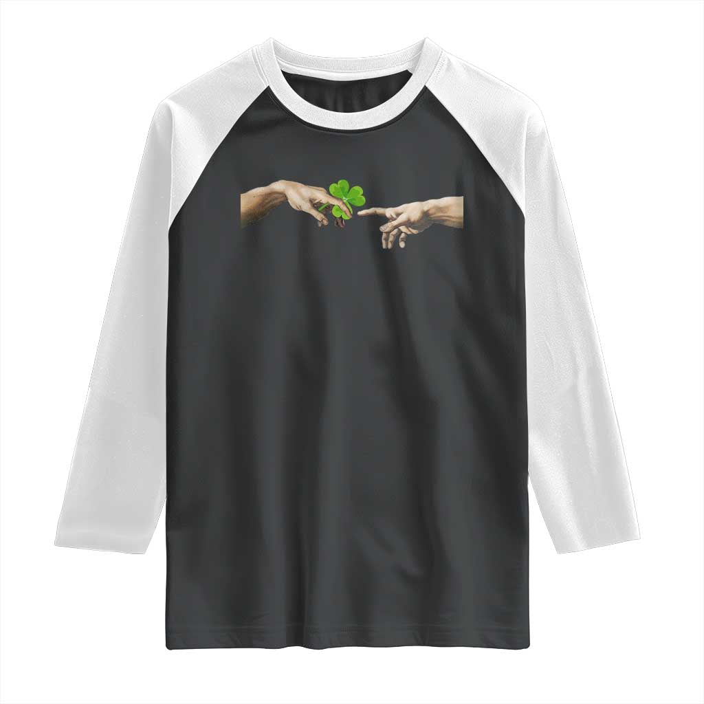 Funny St Patricks Day Shamrock The Creation of Adam Meme Raglan Shirt