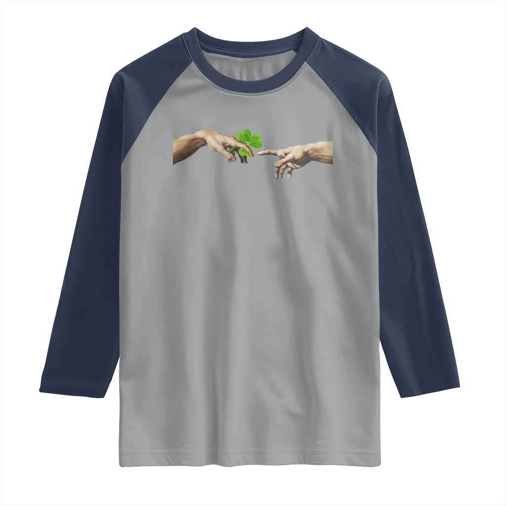 Funny St Patricks Day Shamrock The Creation of Adam Meme Raglan Shirt