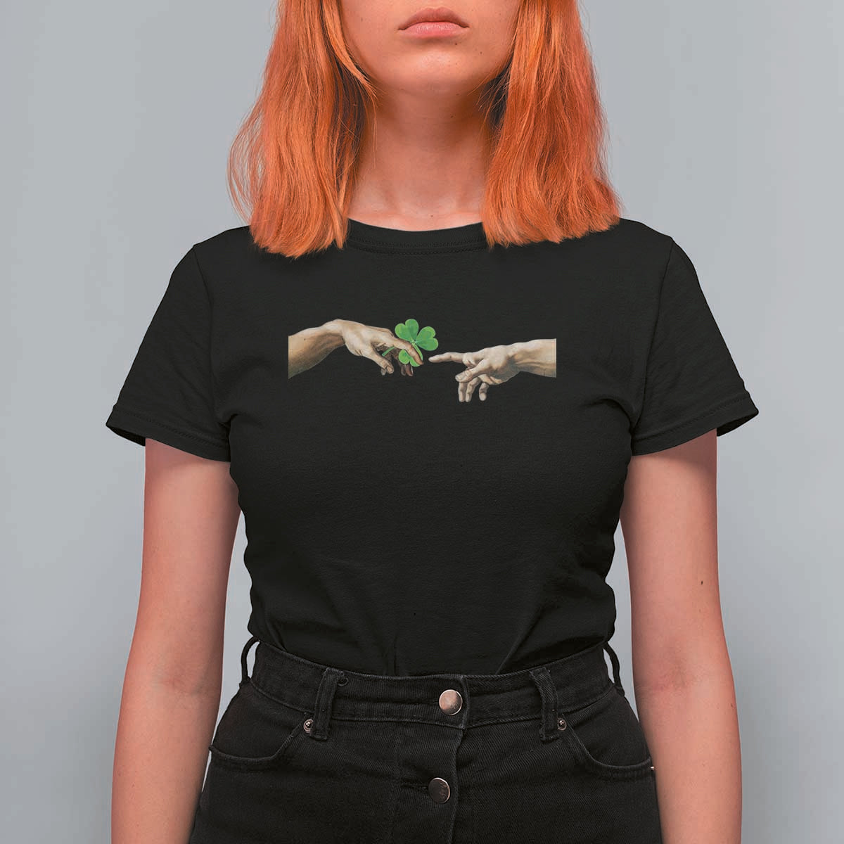 Funny St Patricks Day Shamrock The Creation of Adam Meme T Shirt For Women