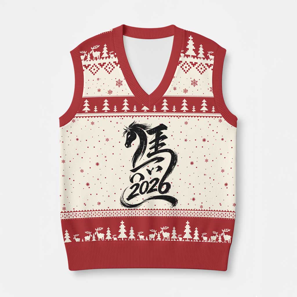 Chinese New Year 2026 V-Neck Knit Sweater Vest Year of The Horse Calligraphy Ink Art