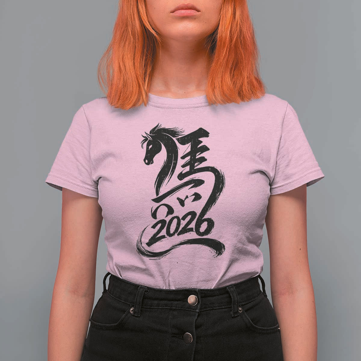 Chinese New Year 2026 T Shirt For Women Year of The Horse Calligraphy Ink Art