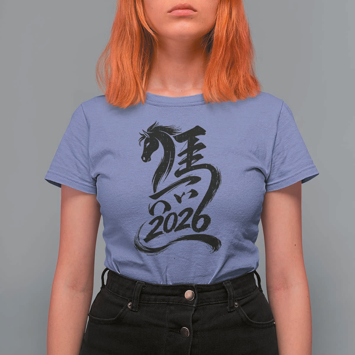 Chinese New Year 2026 T Shirt For Women Year of The Horse Calligraphy Ink Art