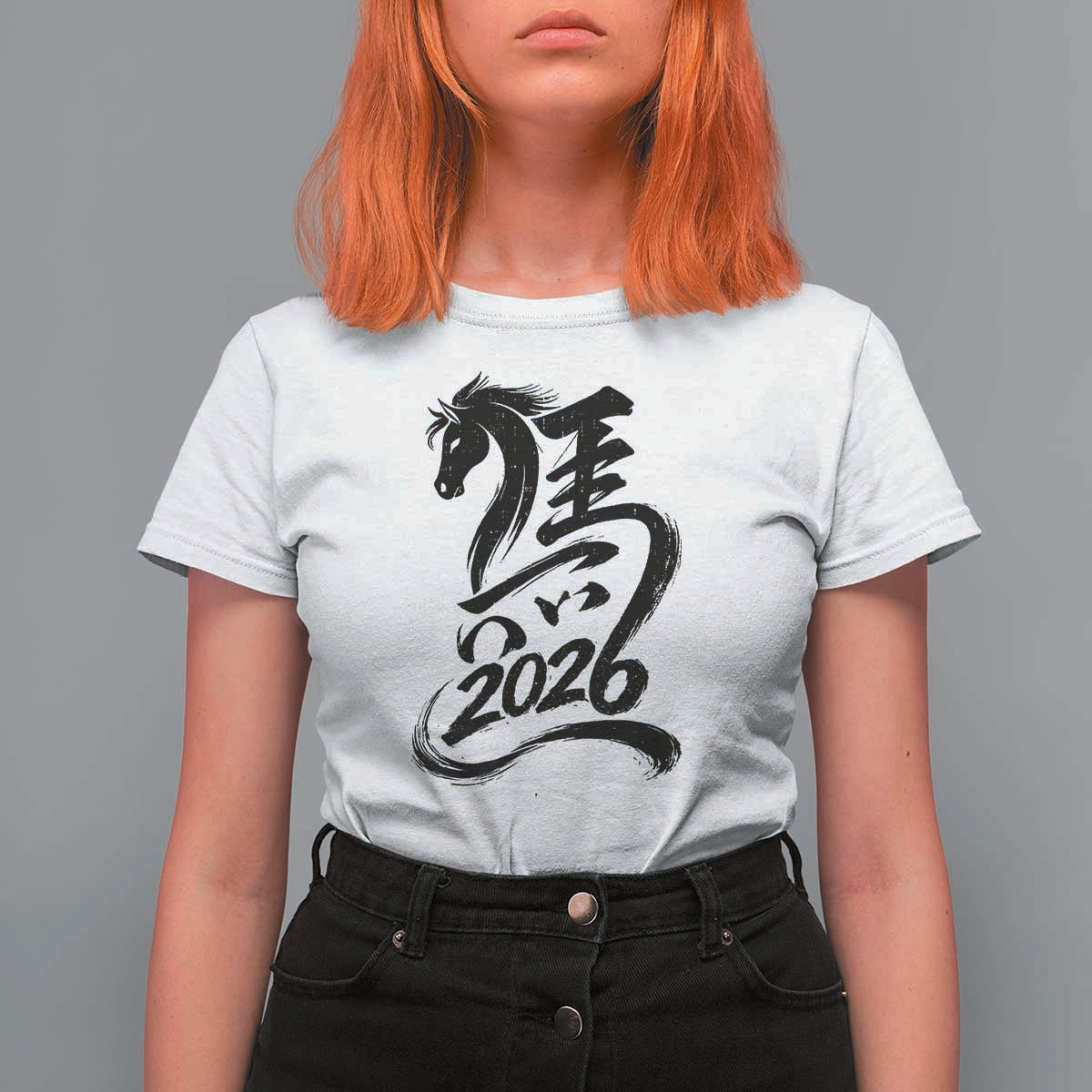 Chinese New Year 2026 T Shirt For Women Year of The Horse Calligraphy Ink Art