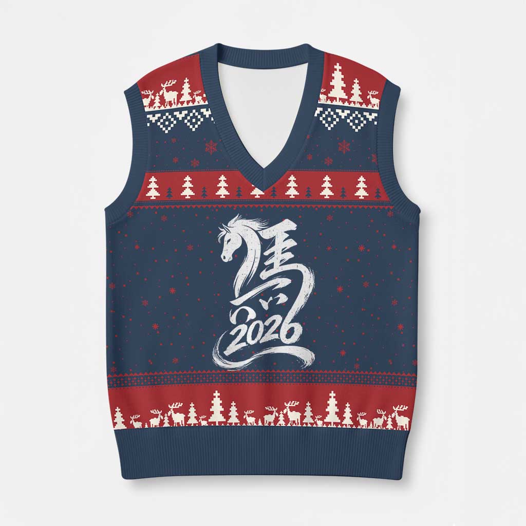 Chinese New Year 2026 V-Neck Knit Sweater Vest Year of The Horse Chinese Calligraphy Art