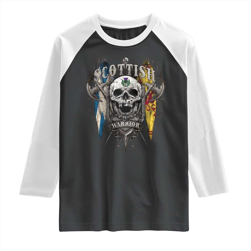 Scottish Warrior Raglan Shirt Vintage Skull Celtic Cross Scottish Lion Rampant Flag