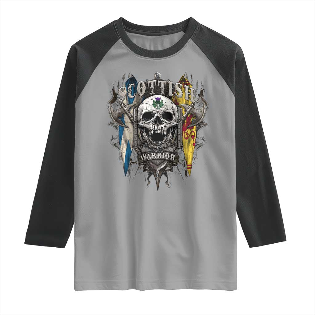 Scottish Warrior Raglan Shirt Vintage Skull Celtic Cross Scottish Lion Rampant Flag