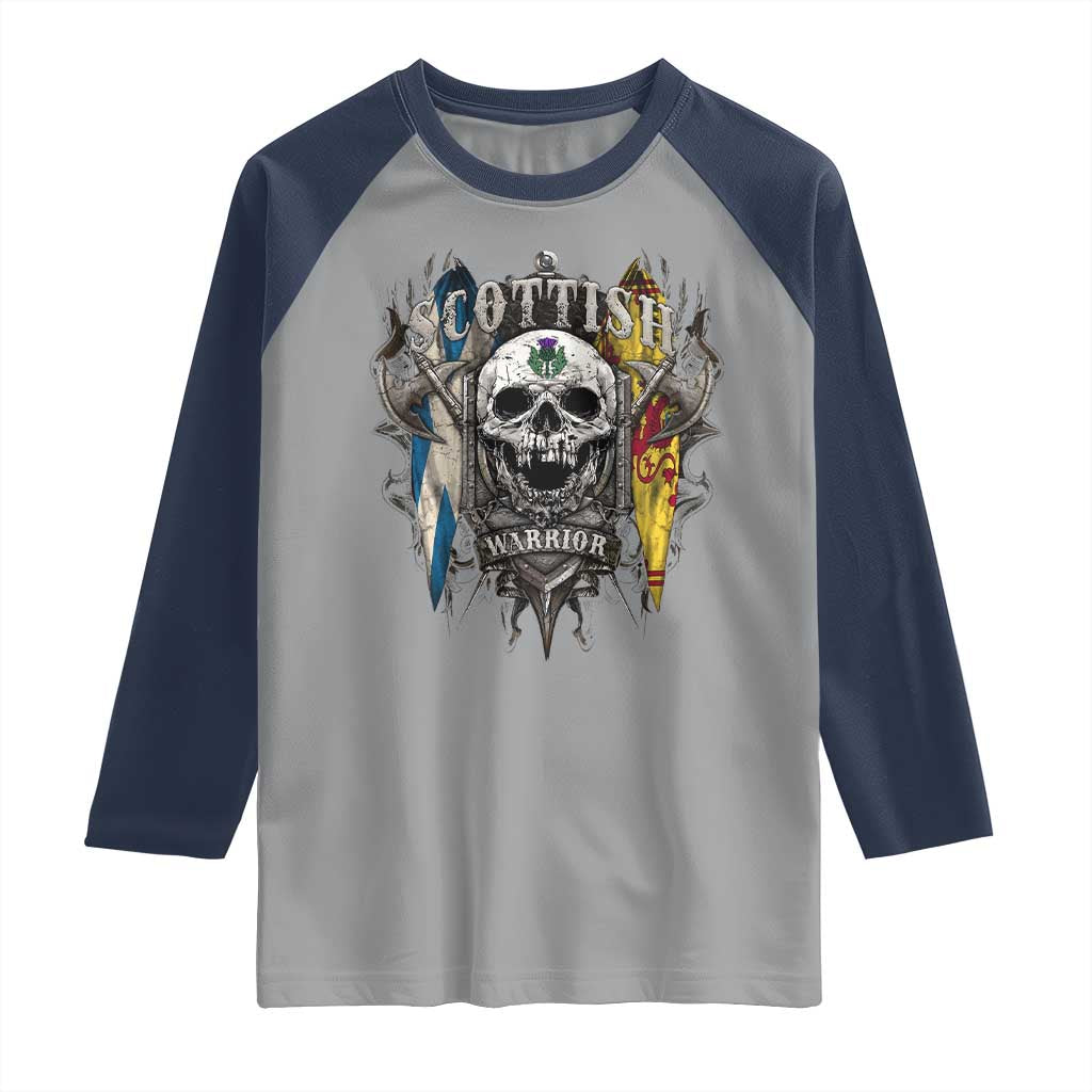 Scottish Warrior Raglan Shirt Vintage Skull Celtic Cross Scottish Lion Rampant Flag
