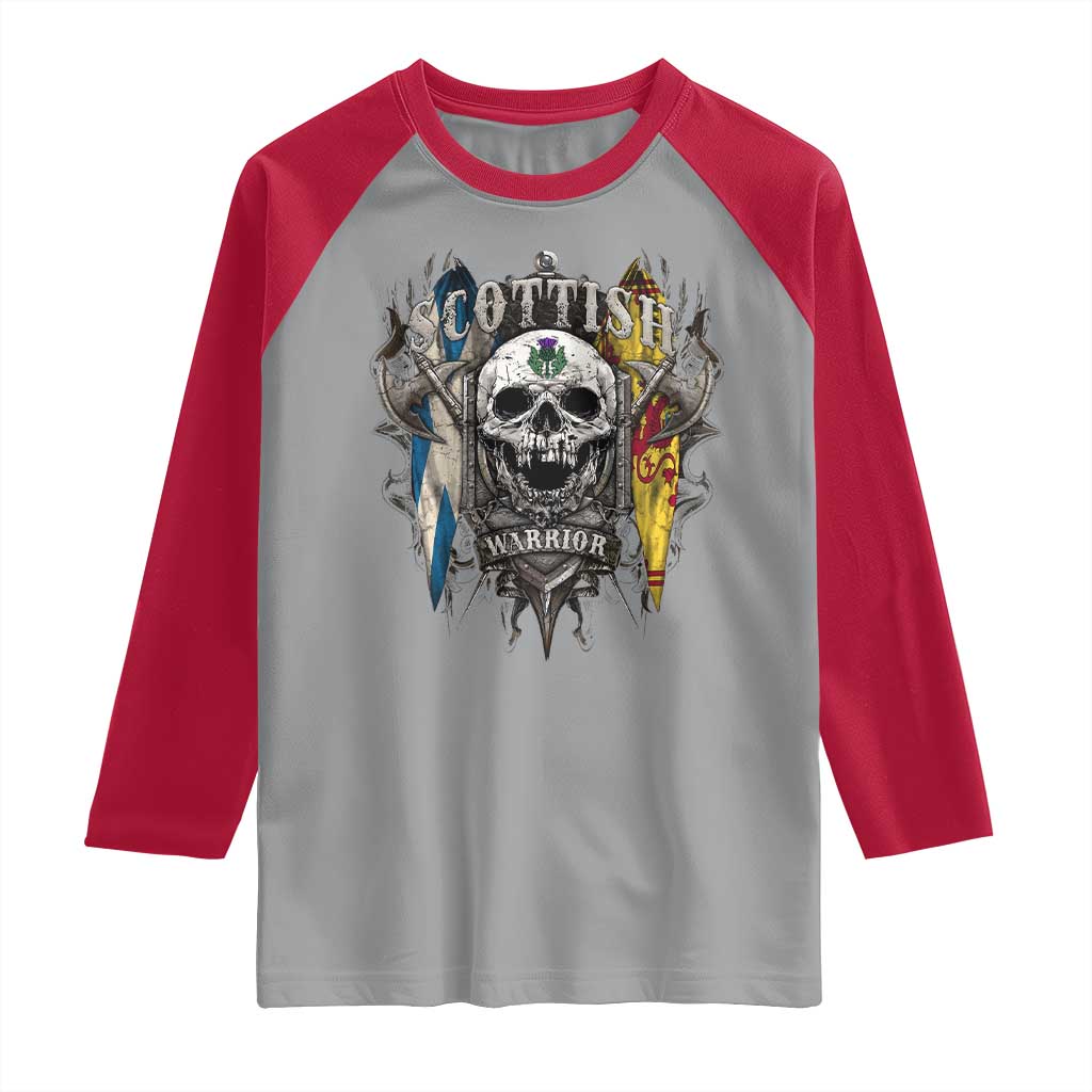 Scottish Warrior Raglan Shirt Vintage Skull Celtic Cross Scottish Lion Rampant Flag