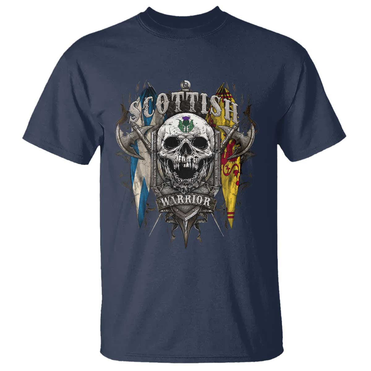 Scottish Warrior T Shirt Vintage Skull Celtic Cross Scottish Lion Rampant Flag