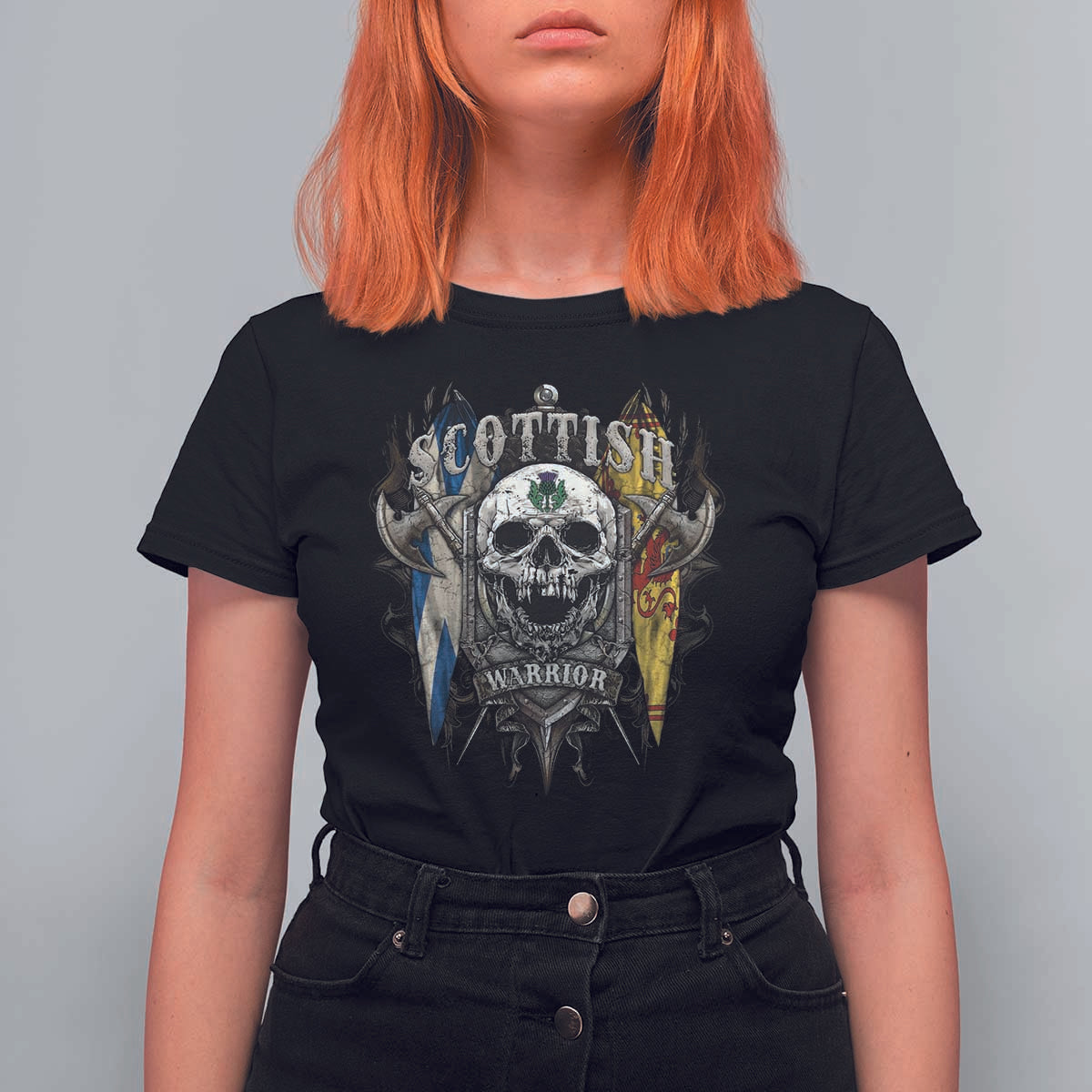 Scottish Warrior T Shirt For Women Vintage Skull Celtic Cross Scottish Lion Rampant Flag