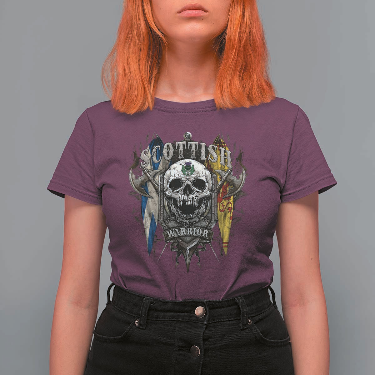 Scottish Warrior T Shirt For Women Vintage Skull Celtic Cross Scottish Lion Rampant Flag