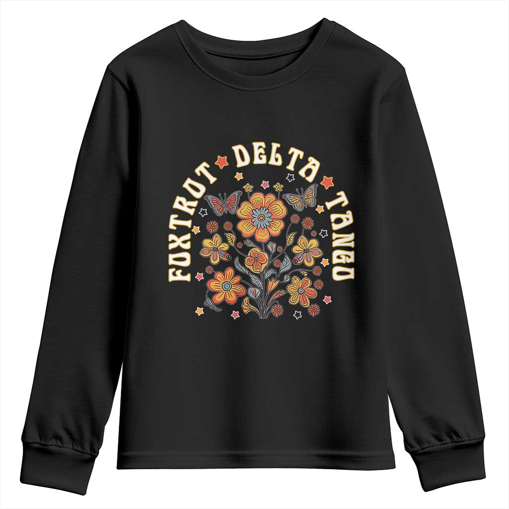Funny Foxtrot Delta Tango Youth Sweatshirt Vintage Floral Retro Groovy