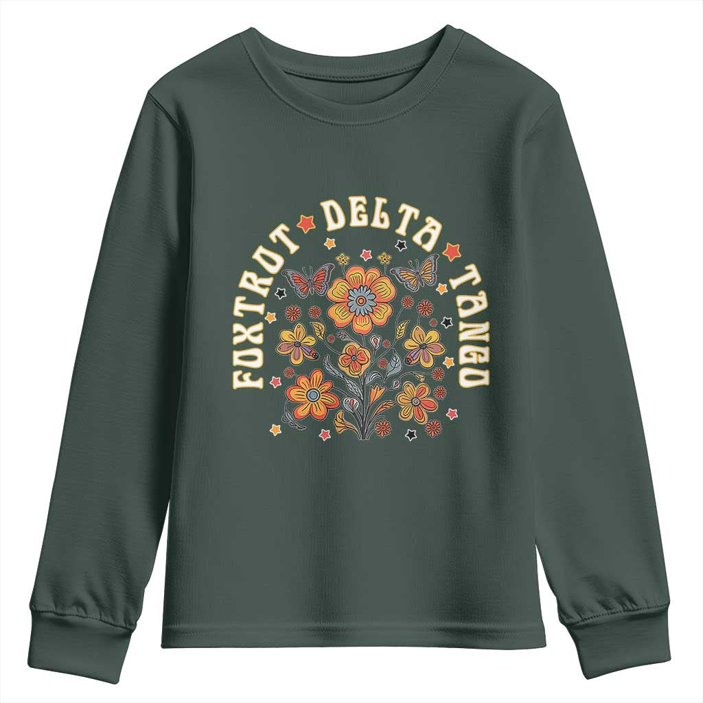 Funny Foxtrot Delta Tango Youth Sweatshirt Vintage Floral Retro Groovy