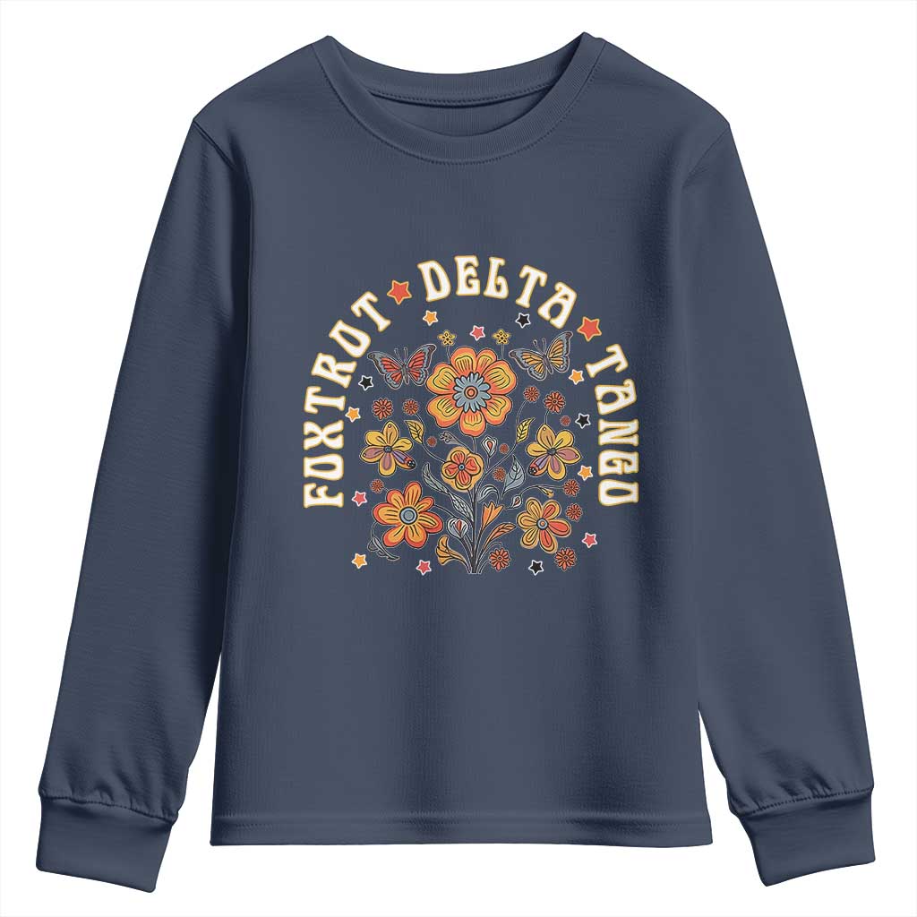 Funny Foxtrot Delta Tango Youth Sweatshirt Vintage Floral Retro Groovy