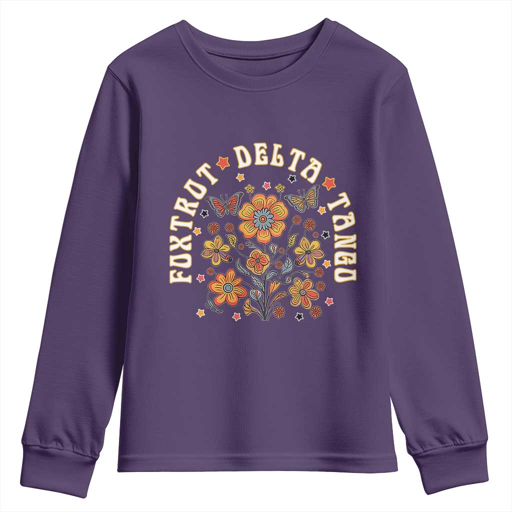 Funny Foxtrot Delta Tango Youth Sweatshirt Vintage Floral Retro Groovy