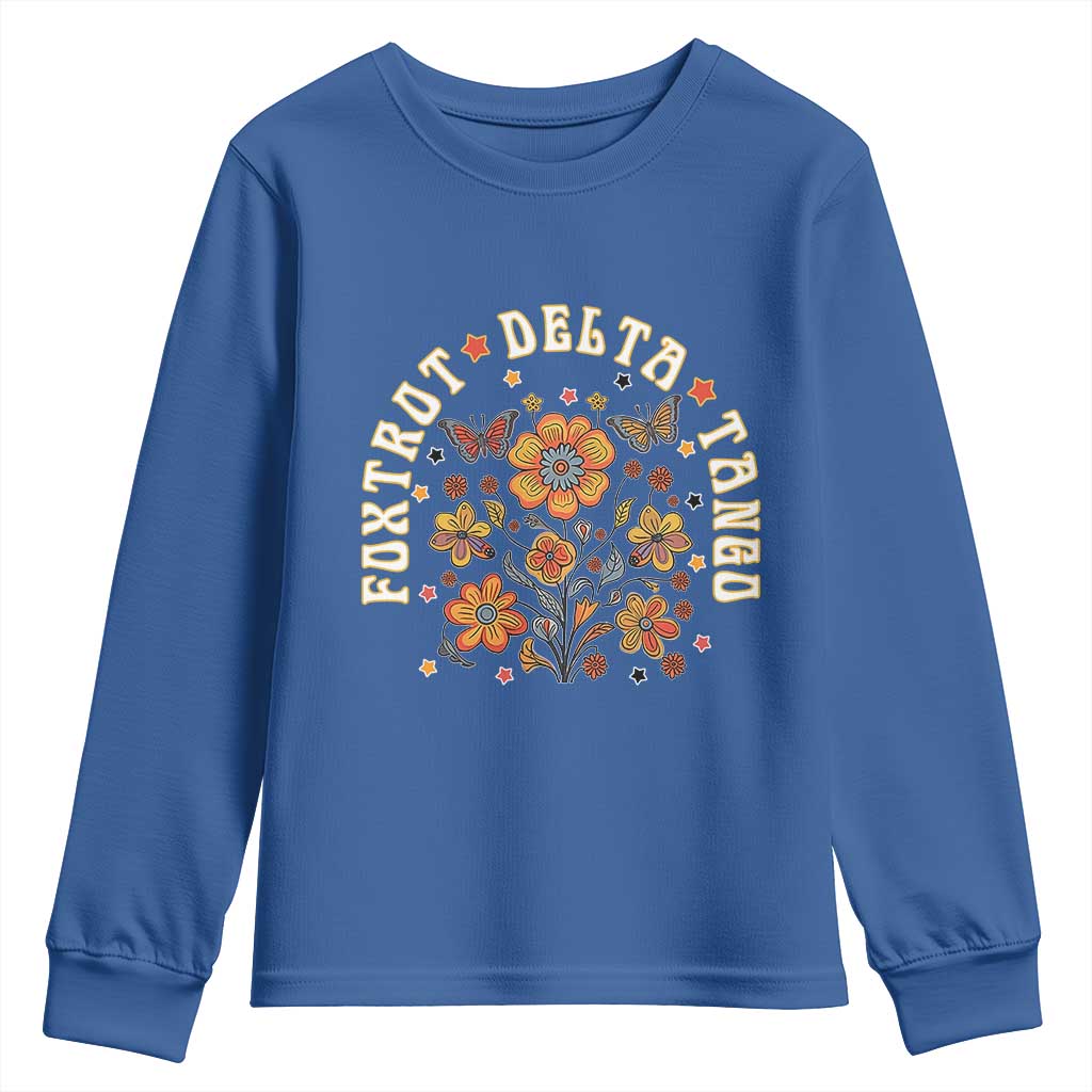Funny Foxtrot Delta Tango Youth Sweatshirt Vintage Floral Retro Groovy