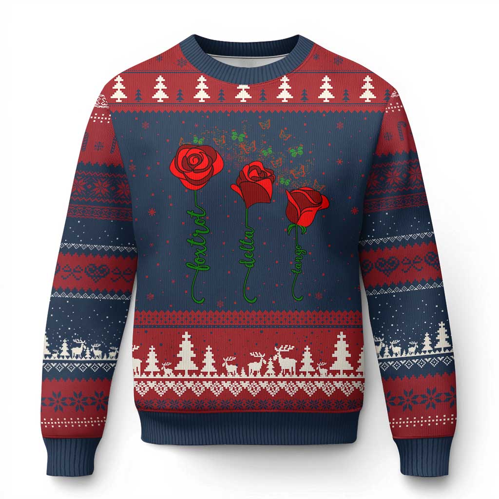 Funny Foxtrot Delta Tango Ugly Christmas Sweater Vintage Rose Flowers Butterfly - Wonder Print Shop
