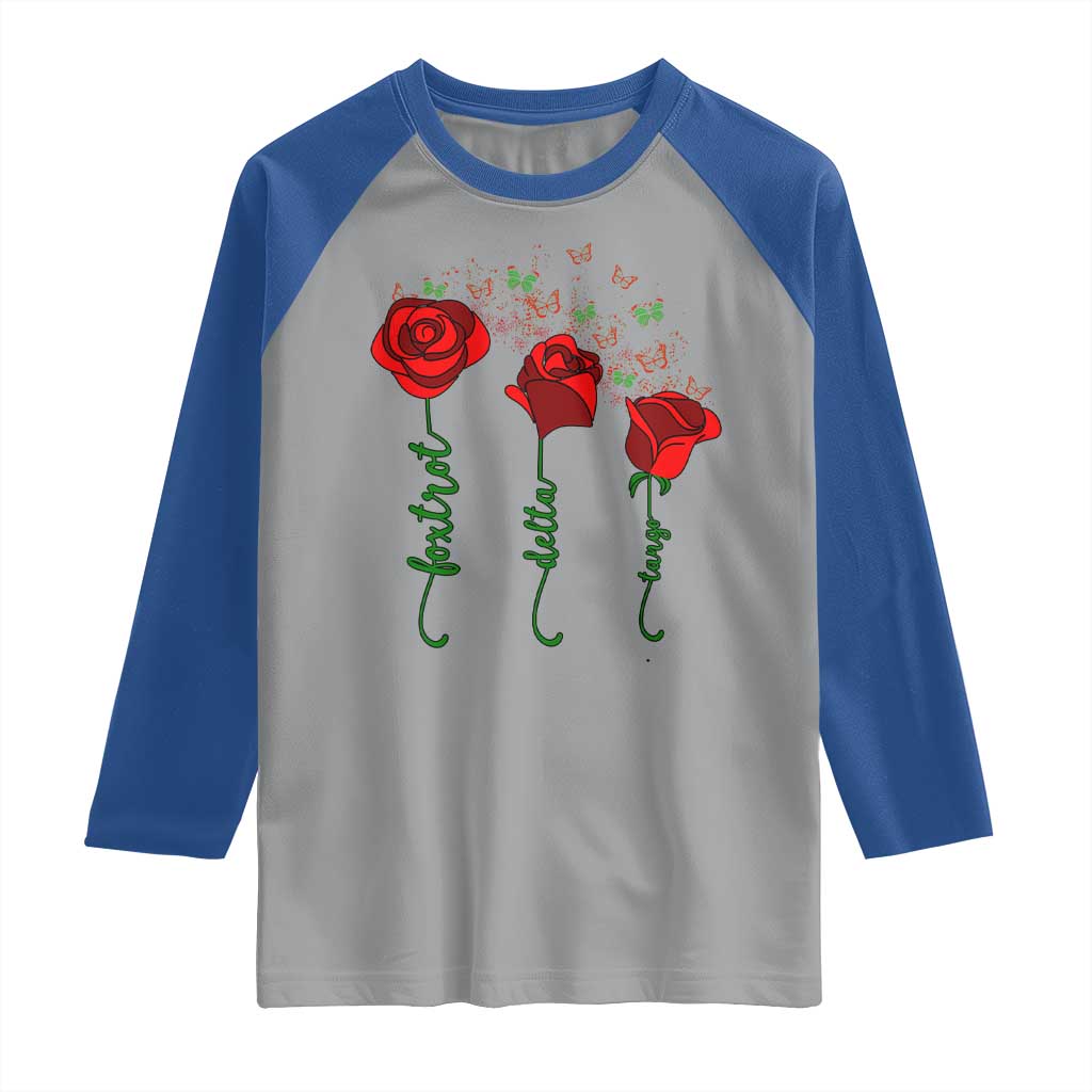 Funny Foxtrot Delta Tango Raglan Shirt Vintage Rose Flowers Butterfly