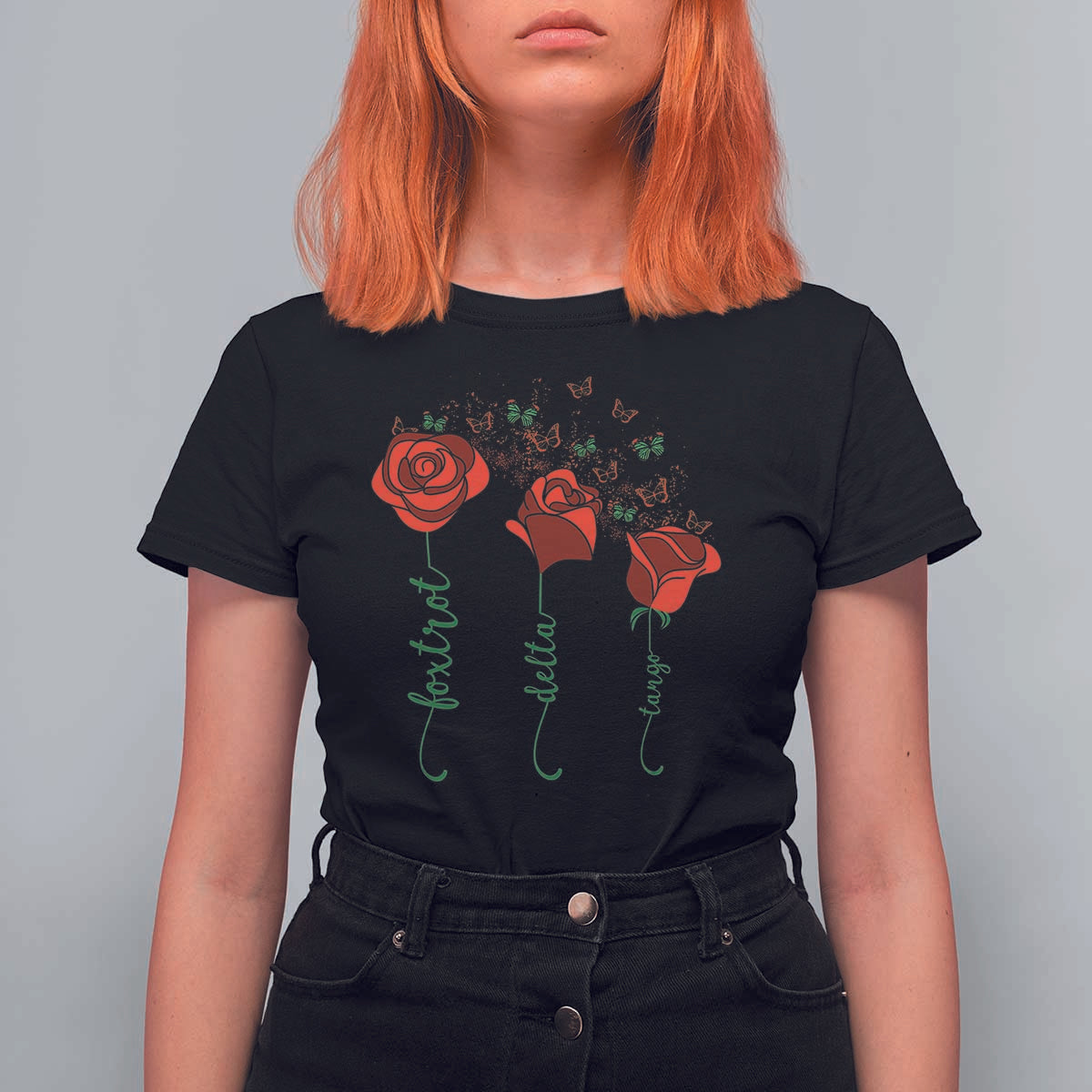 Funny Foxtrot Delta Tango T Shirt For Women Vintage Rose Flowers Butterfly