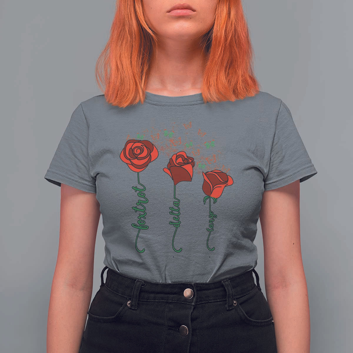 Funny Foxtrot Delta Tango T Shirt For Women Vintage Rose Flowers Butterfly