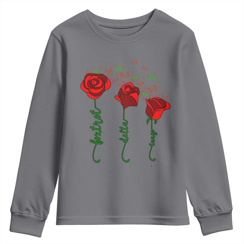 Funny Foxtrot Delta Tango Youth Sweatshirt Vintage Rose Flowers Butterfly