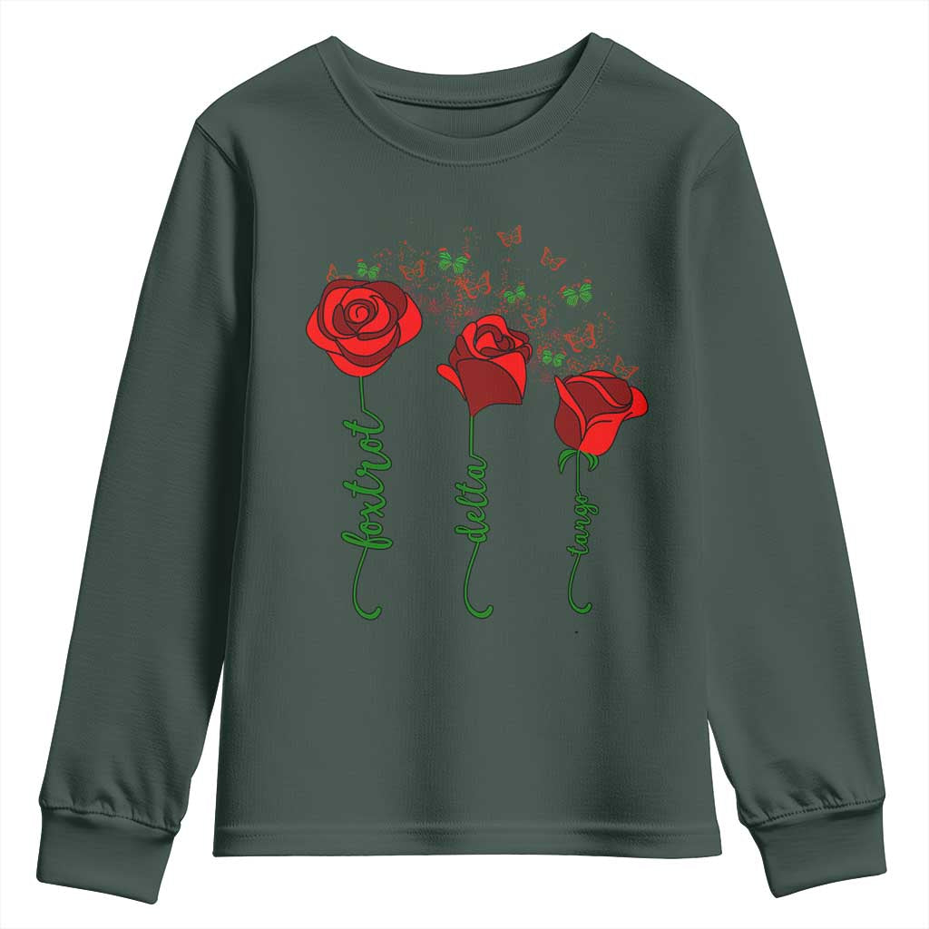 Funny Foxtrot Delta Tango Youth Sweatshirt Vintage Rose Flowers Butterfly