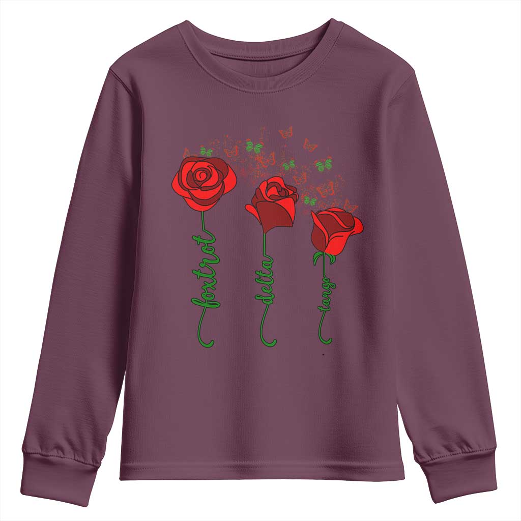 Funny Foxtrot Delta Tango Youth Sweatshirt Vintage Rose Flowers Butterfly