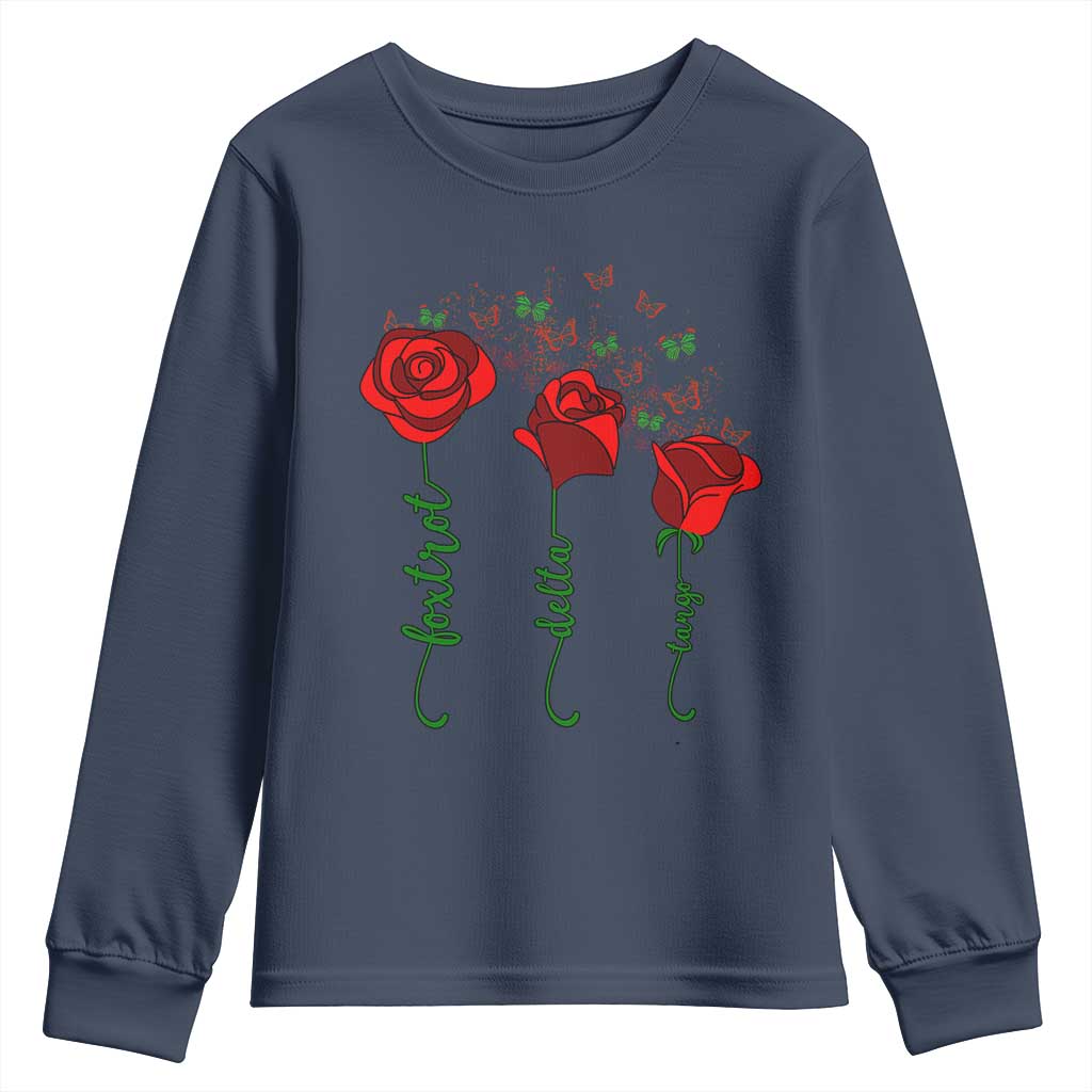 Funny Foxtrot Delta Tango Youth Sweatshirt Vintage Rose Flowers Butterfly