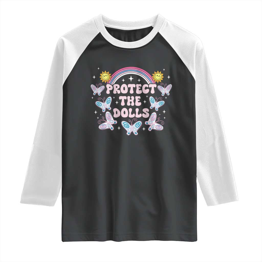 Protect The Dolls Raglan Shirt Trans Women Pride Month Retro Groove Butterfly