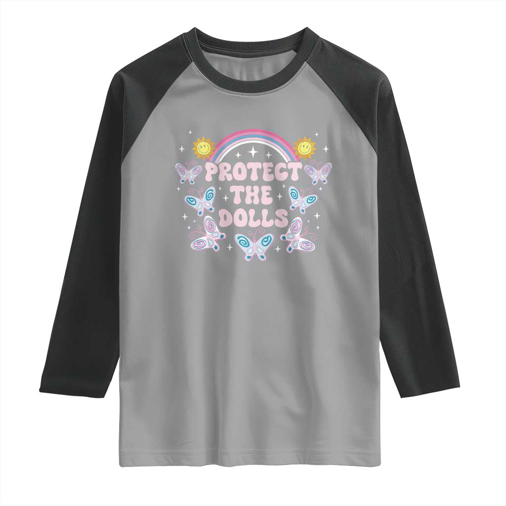 Protect The Dolls Raglan Shirt Trans Women Pride Month Retro Groove Butterfly