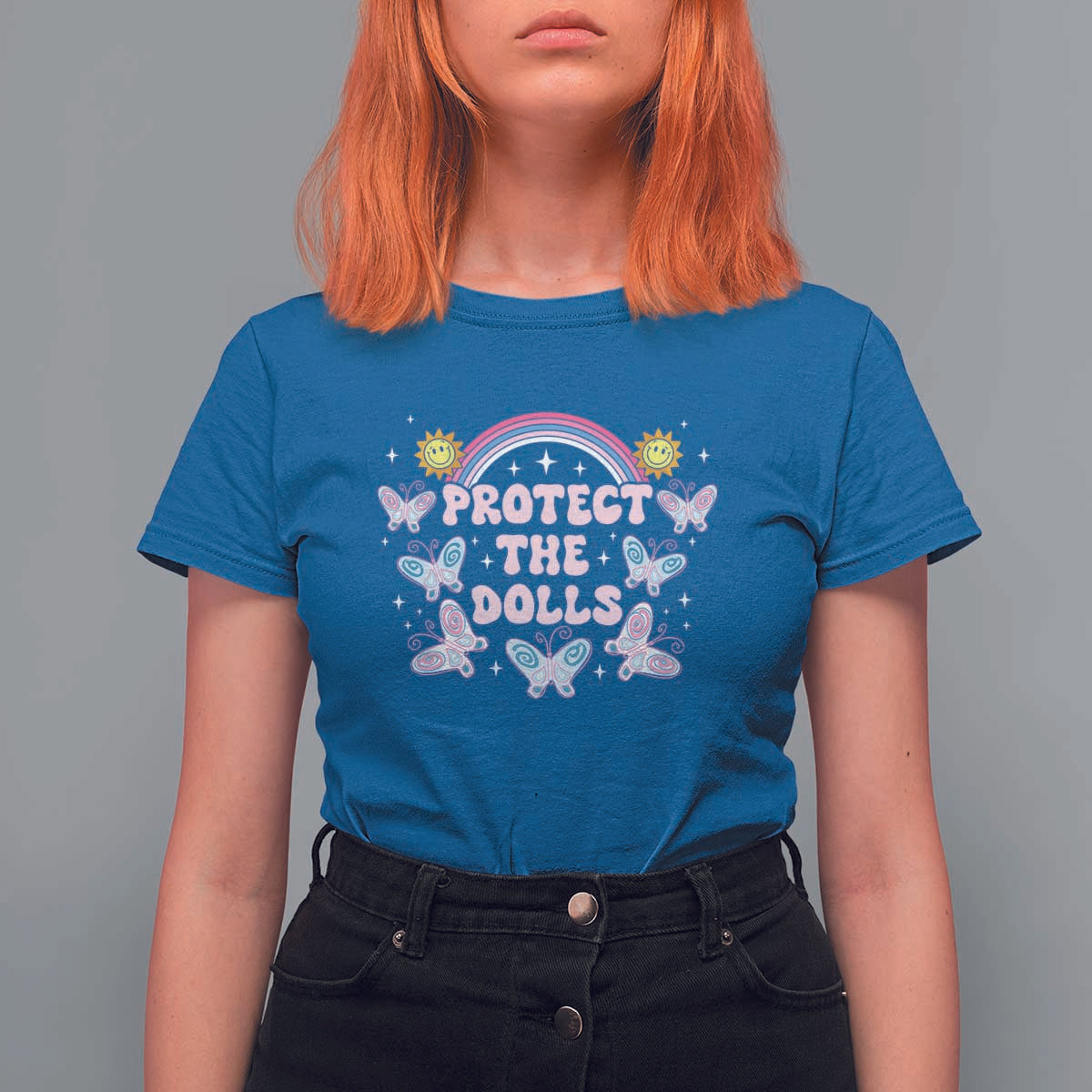 Protect The Dolls T Shirt For Women Trans Women Pride Month Retro Groove Butterfly