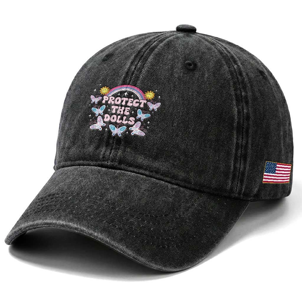 Protect The Dolls Washed Cotton Baseball Cap Trans Women Pride Month Retro Groove Butterfly