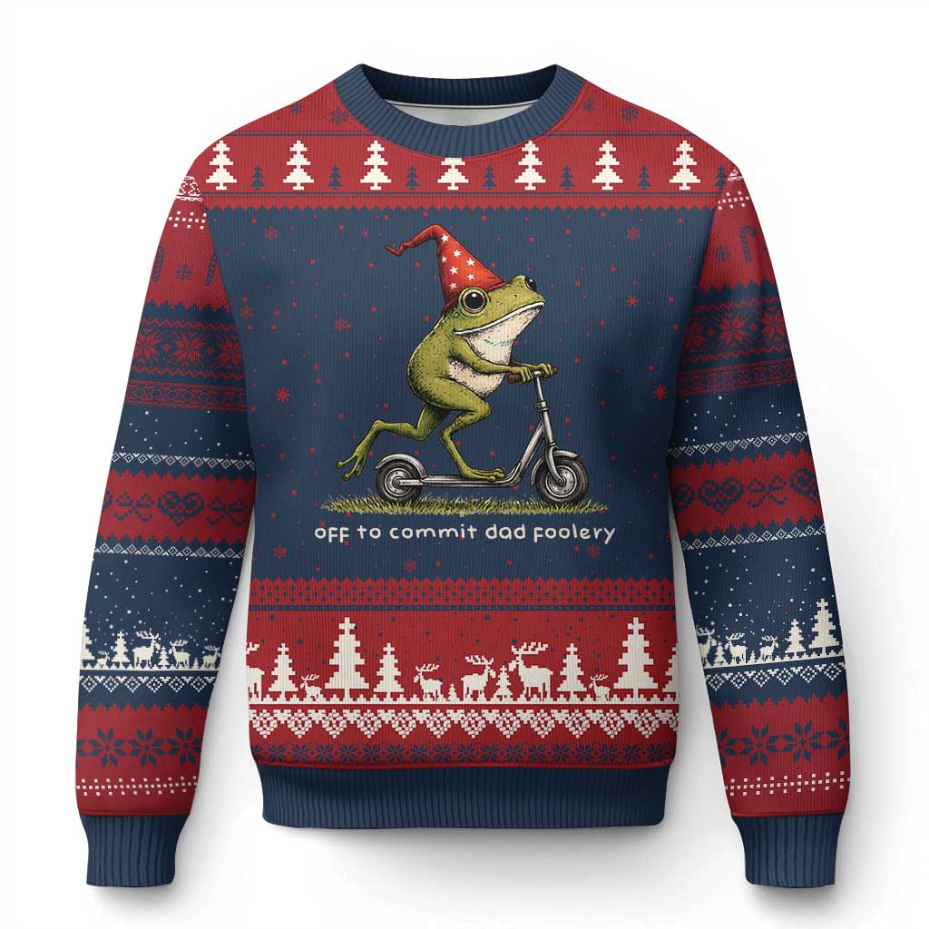 Off To Commit Dad Foolery Ugly Christmas Sweater Funny Daddy Frog Scooter Fathers Day