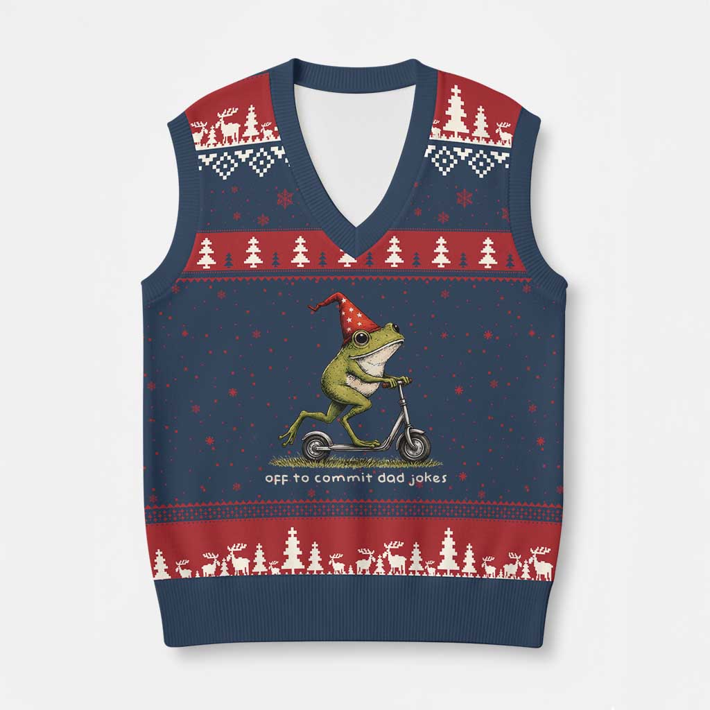Off To Commit Dad Jokes V-Neck Knit Sweater Vest Funny Daddy Frog Scooter Fathers Day