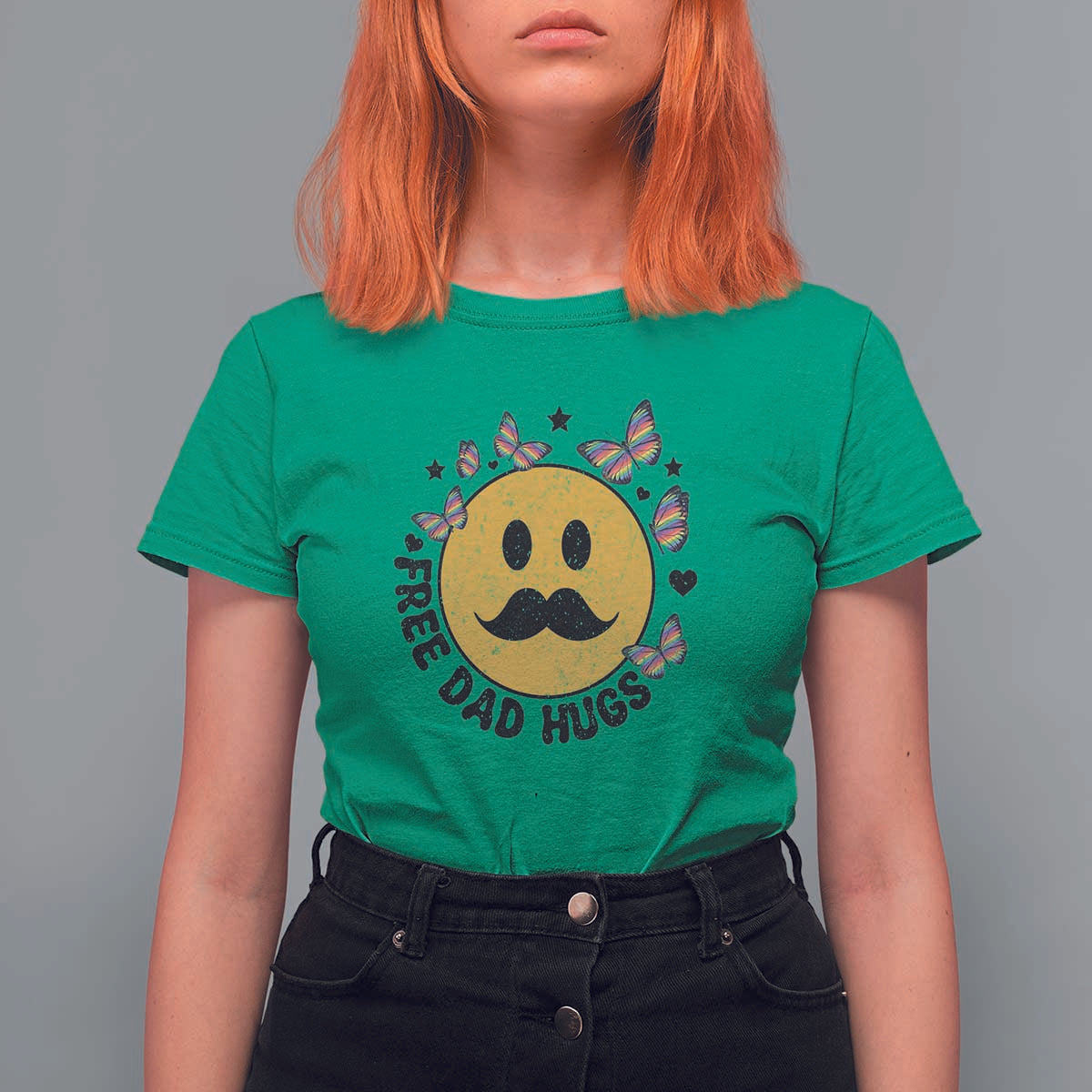 LGBT Free Dad Hugs T Shirt For Women Gay Pride Month Retro Groove Smiley Face Community - Wonder Print Shop