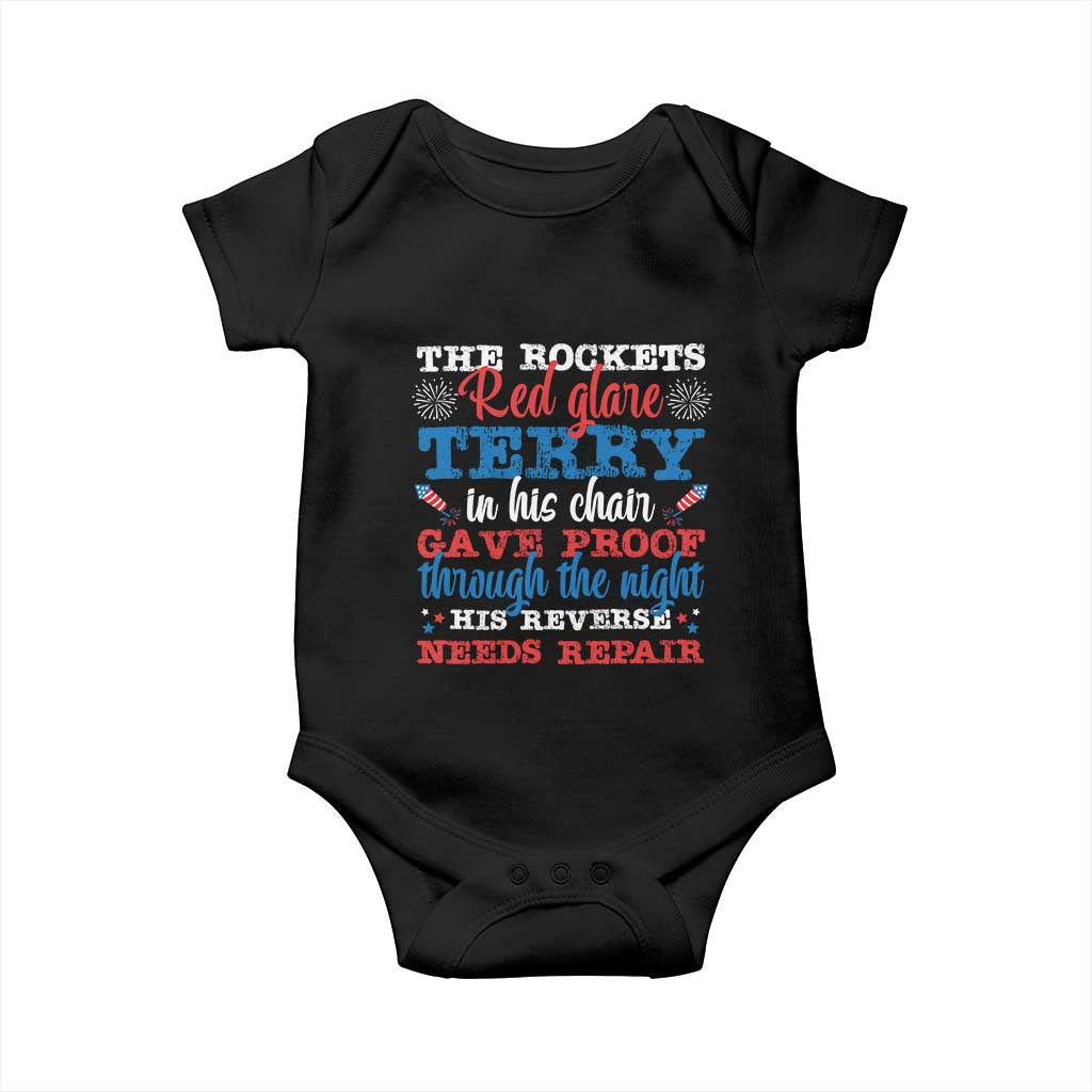 Funny The Rockets Red Glare Terry In His Chair His Reverse Needs Repair Baby Onesie 4th Of July Meme - Wonder Print Shop