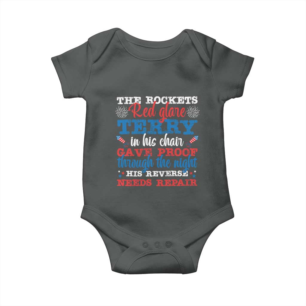 Funny The Rockets Red Glare Terry In His Chair His Reverse Needs Repair Baby Onesie 4th Of July Meme - Wonder Print Shop