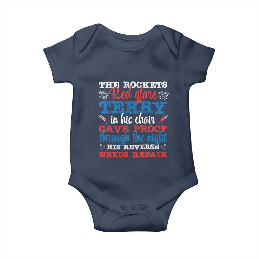 Funny The Rockets Red Glare Terry In His Chair His Reverse Needs Repair Baby Onesie 4th Of July Meme - Wonder Print Shop