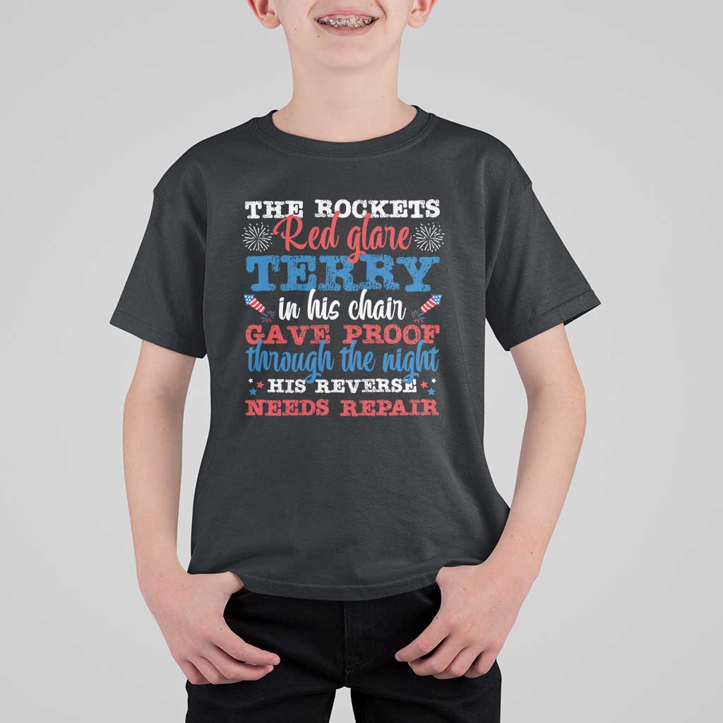 Funny The Rockets Red Glare Terry In His Chair His Reverse Needs Repair T Shirt For Kid 4th Of July Meme - Wonder Print Shop