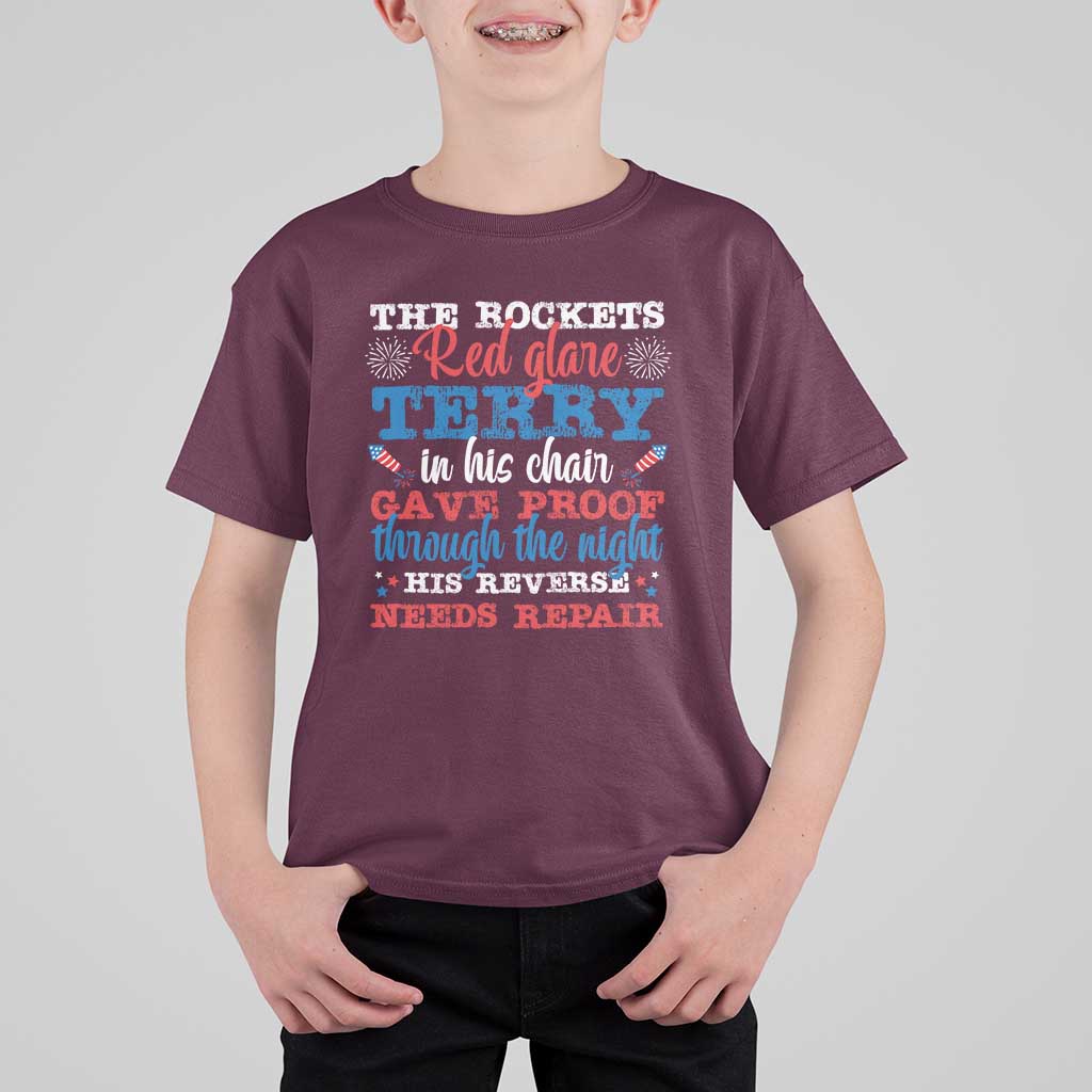 Funny The Rockets Red Glare Terry In His Chair His Reverse Needs Repair T Shirt For Kid 4th Of July Meme - Wonder Print Shop