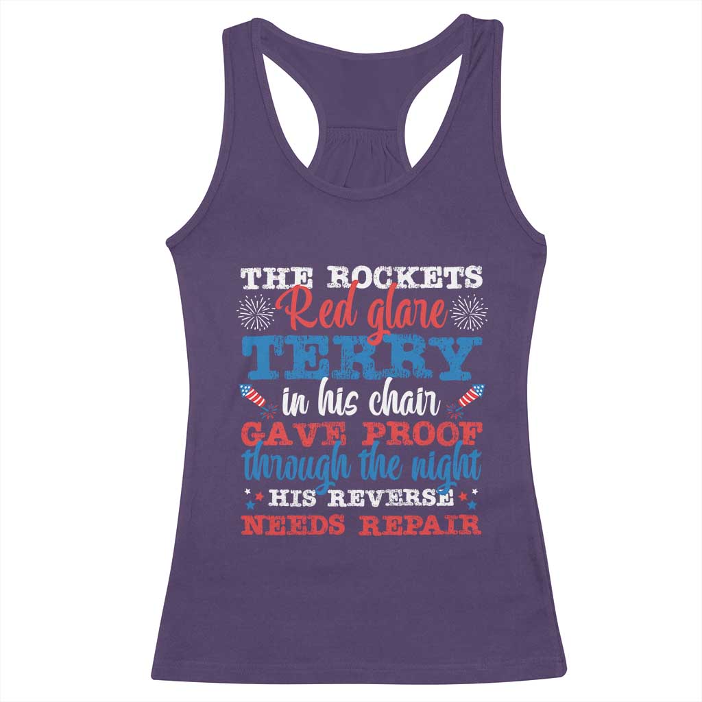 Funny The Rockets Red Glare Terry In His Chair His Reverse Needs Repair Racerback Tank Top 4th Of July Meme - Wonder Print Shop