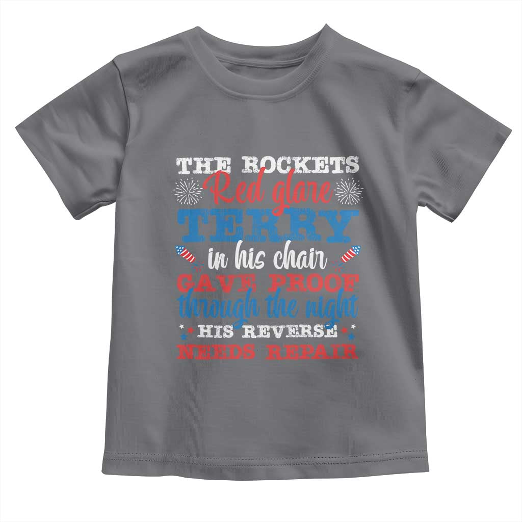Funny The Rockets Red Glare Terry In His Chair His Reverse Needs Repair Toddler T Shirt 4th Of July Meme - Wonder Print Shop