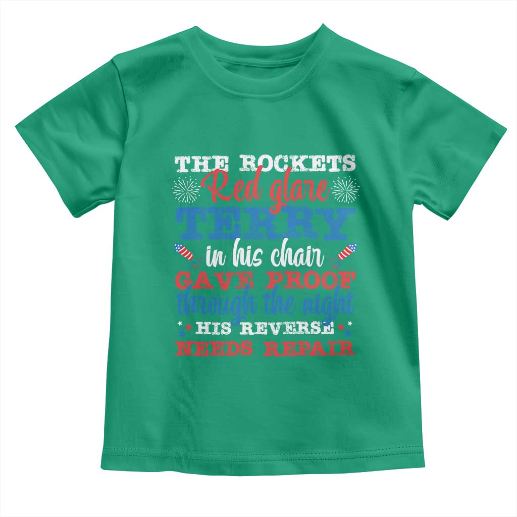 Funny The Rockets Red Glare Terry In His Chair His Reverse Needs Repair Toddler T Shirt 4th Of July Meme - Wonder Print Shop