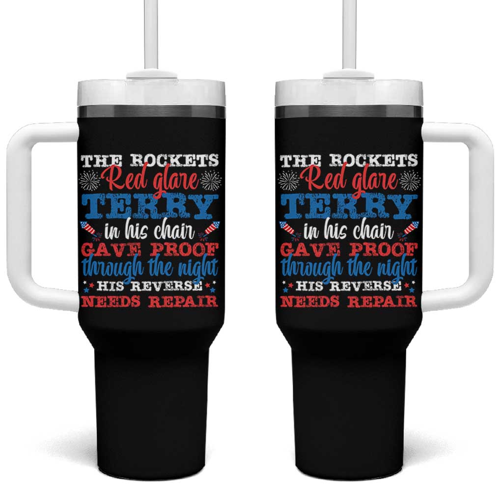 Funny The Rockets Red Glare Terry In His Chair His Reverse Needs Repair Tumbler With Handle 4th Of July Meme - Wonder Print Shop