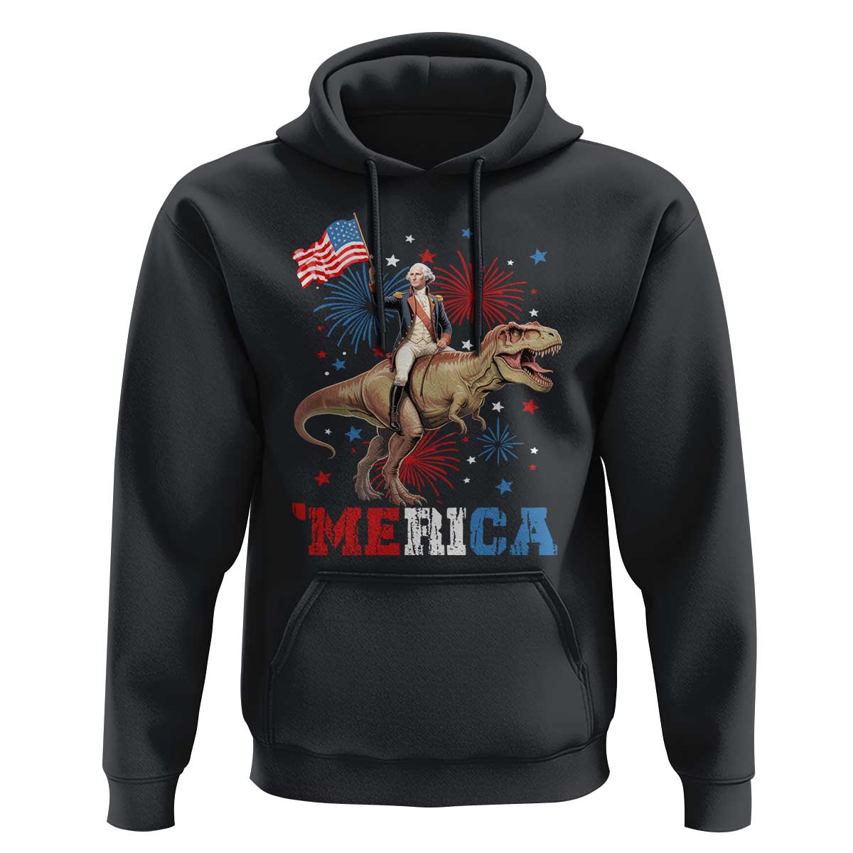 Funny George Washington Riding a Tyrannosaurus Rex 'Merica Hoodie American Flag - Wonder Print Shop