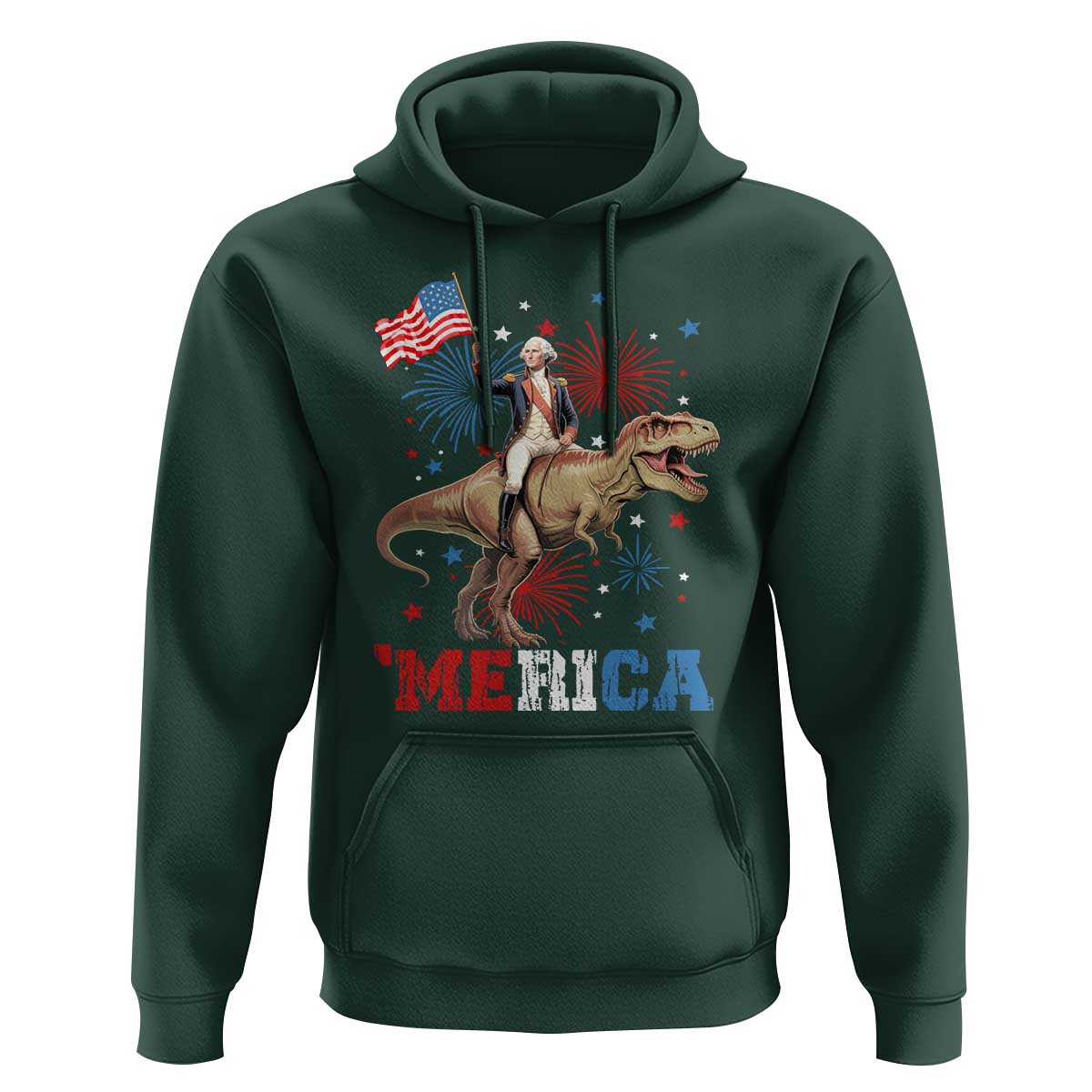 Funny George Washington Riding a Tyrannosaurus Rex 'Merica Hoodie American Flag - Wonder Print Shop