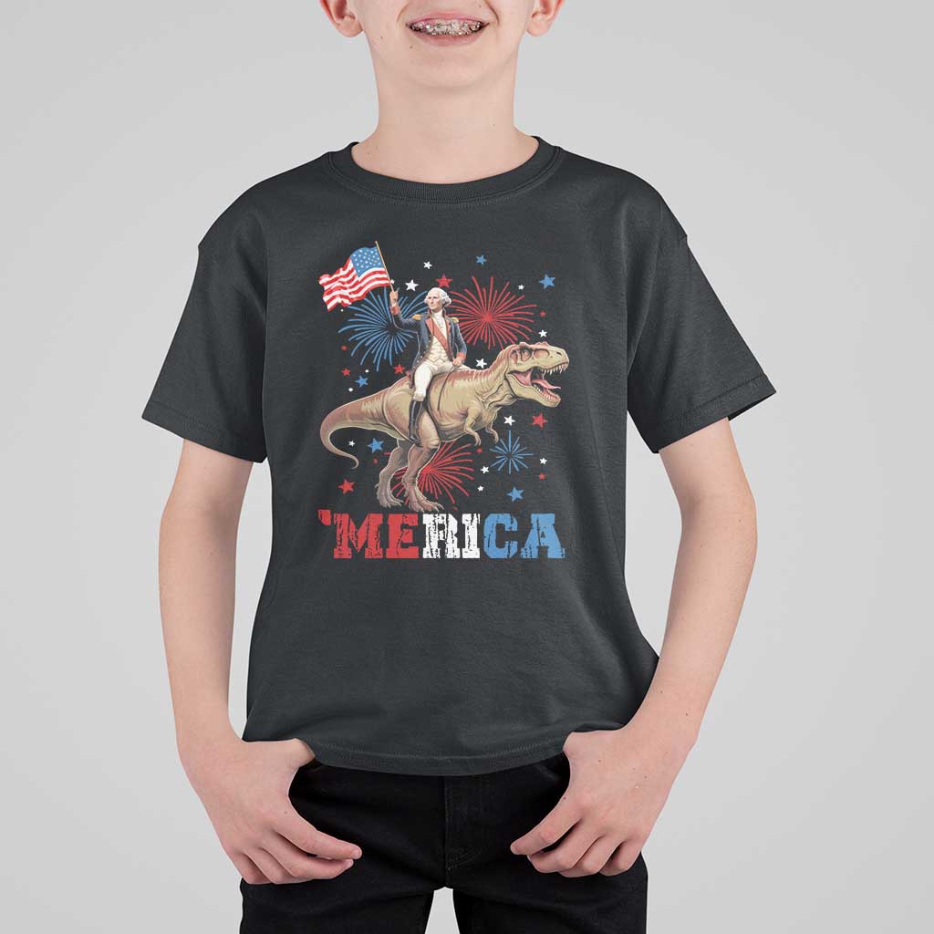 Funny George Washington Riding a Tyrannosaurus Rex 'Merica T Shirt For Kid American Flag - Wonder Print Shop