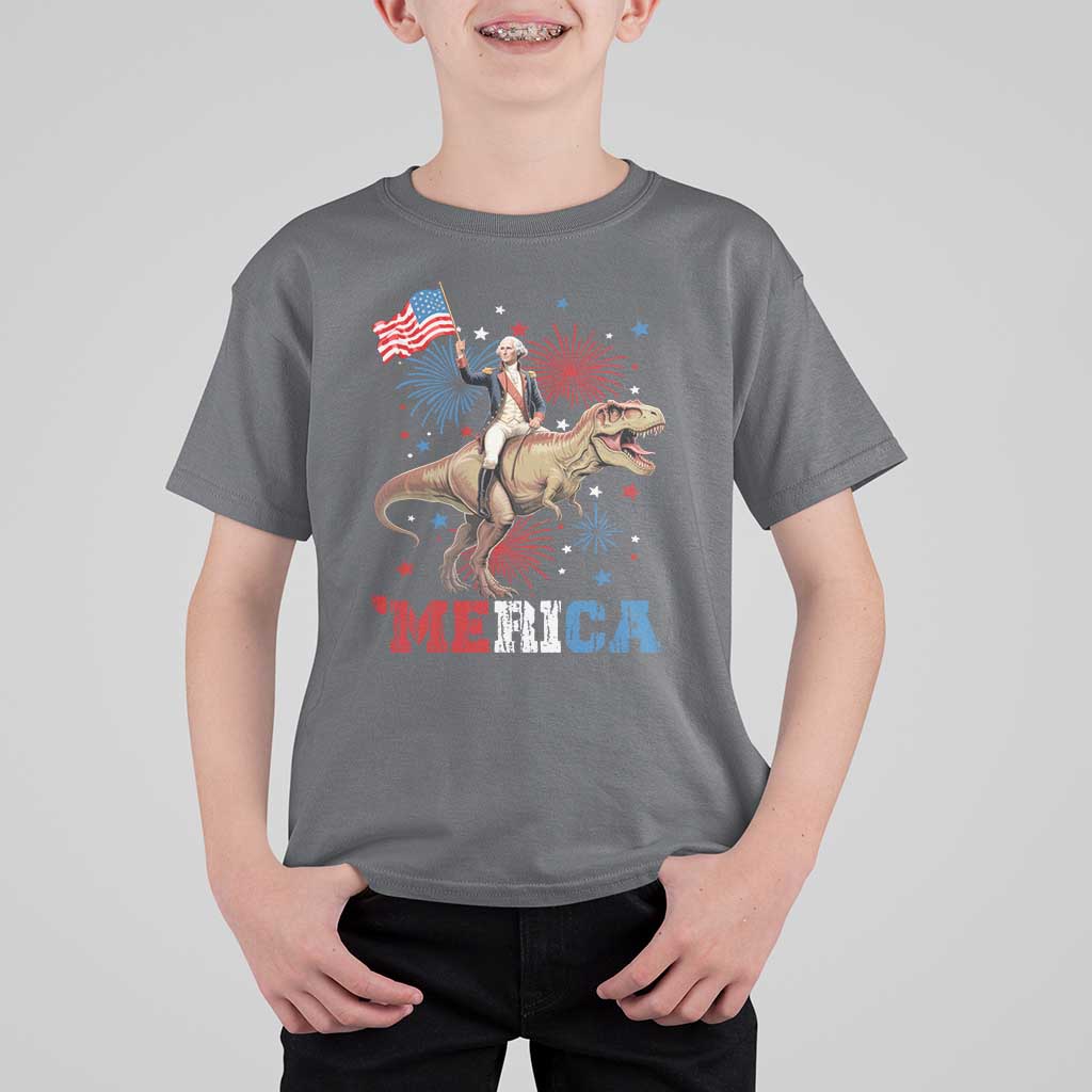 Funny George Washington Riding a Tyrannosaurus Rex 'Merica T Shirt For Kid American Flag - Wonder Print Shop