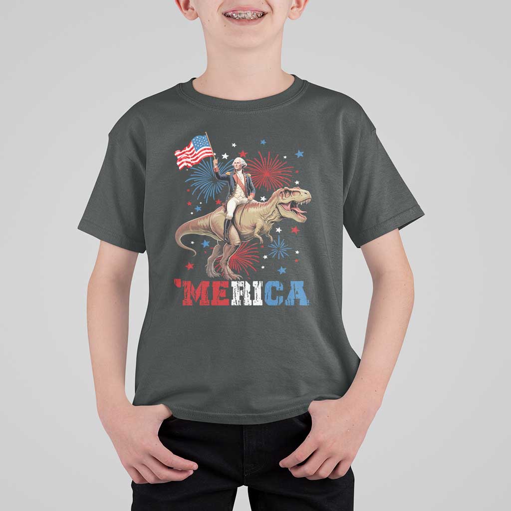 Funny George Washington Riding a Tyrannosaurus Rex 'Merica T Shirt For Kid American Flag - Wonder Print Shop