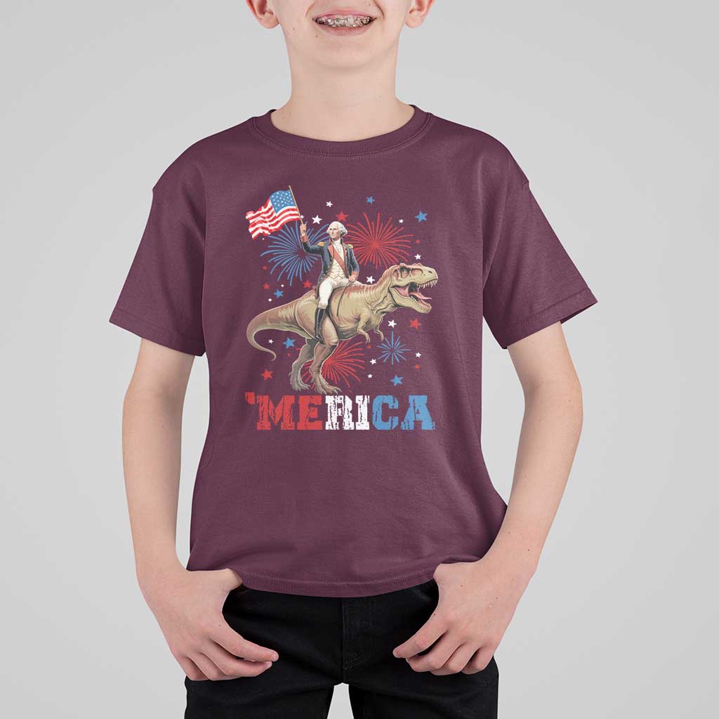 Funny George Washington Riding a Tyrannosaurus Rex 'Merica T Shirt For Kid American Flag - Wonder Print Shop